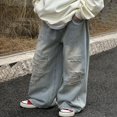 thumbnail image 6 of MKOSPLRT 2-14 Years Ripped Jeans for Girl Elastic Waist Distressed Jeans Baggy Straight Wide Leg Jeans Retro Jeans with Pocket Gifts for Kid, 6 of 6