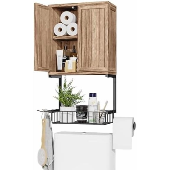 Wall Cabinet with 2 Door and Adjustable Shelves, Farmhouse Medicine Cabinet with Toilet Paper Holder, Wall Mounted Storage Cabinet Over The Toilet for Bathroom Laundry Room(Rustic Brown)
