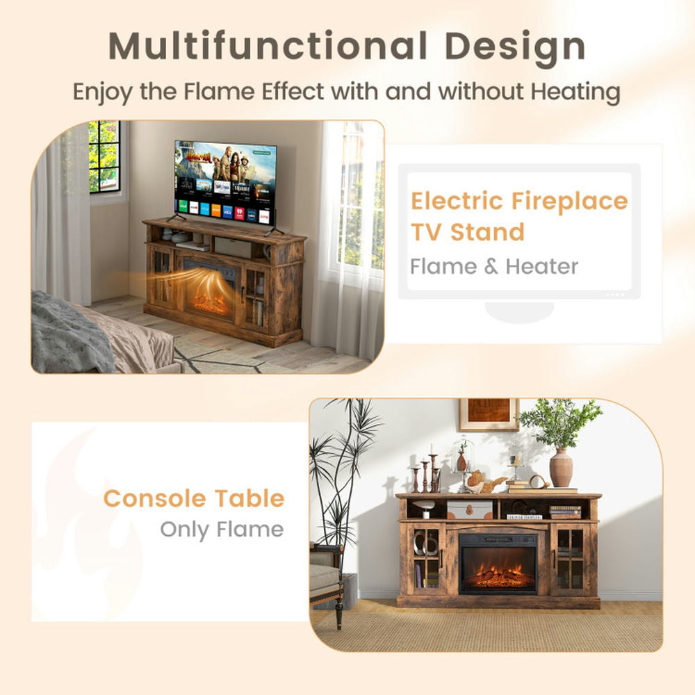 Finihen TV Stand, Entertainment Center, Fireplace TV Stand for TVs Up to 65 Inch with Side Cabinets and Remote Control, for Living Room, Brown