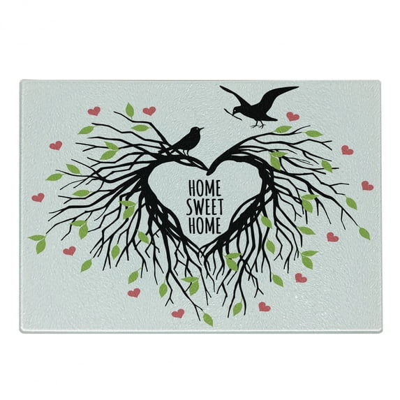 Tree of Life Cutting Board, Heart Shaped Bird Nest Home Words Hope Family Partners in Nature, Decorative Tempered Glass Cutting and Serving Board, Small Size, Black Green Pink, by Ambesonne