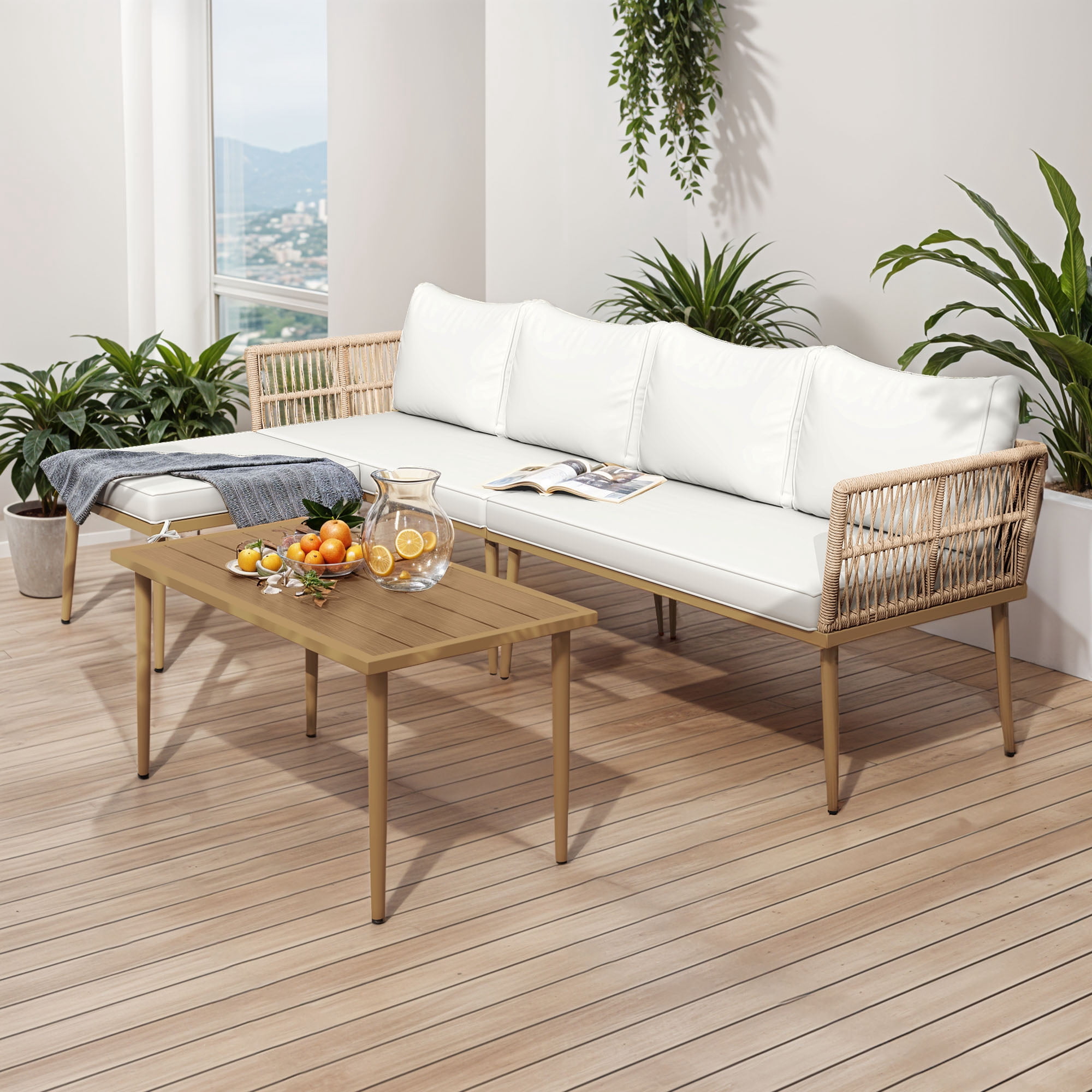 Craftian 4-Piece Outdoor Patio Conversation Set, Patio Furniture Set with Side Table - Beige