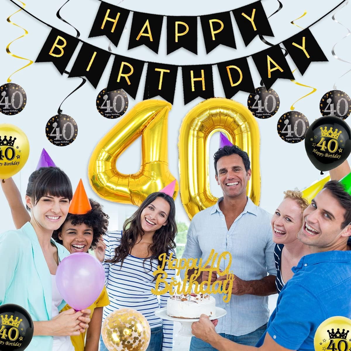 Black Gold 40th Birthday Decorations, Lordy Lordy Look Who's Forty Banner 40 Years Old Men Women Birthday Party Decorations with 40th Birthday Balloons 40 Hanging Swirl 40&Fabulous Birthday Sash