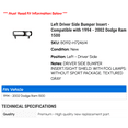 thumbnail image 2 of Left Driver Side Bumper Insert - Compatible with 1994 - 2002 Dodge Ram 1500 1995 1996 1997 1998 1999 2000 2001, 2 of 2