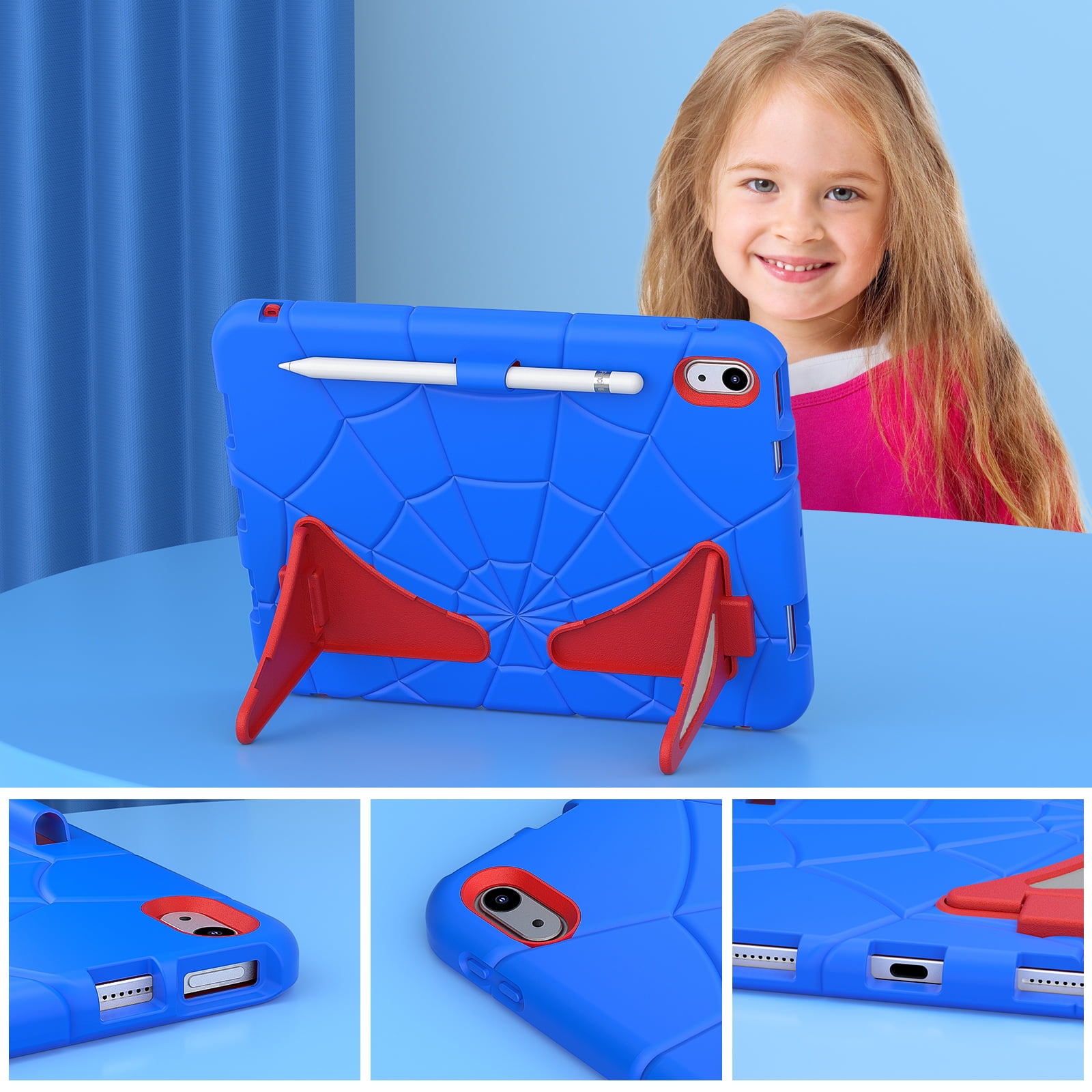 ELEHOLD Case For Apple iPad 11th(A16) 2025, Heavy Duty Shockproof Pencil Holder Foldable Kickstand Rugged Protective Cover Boys Children For iPad 11th 2025, Blue+Red