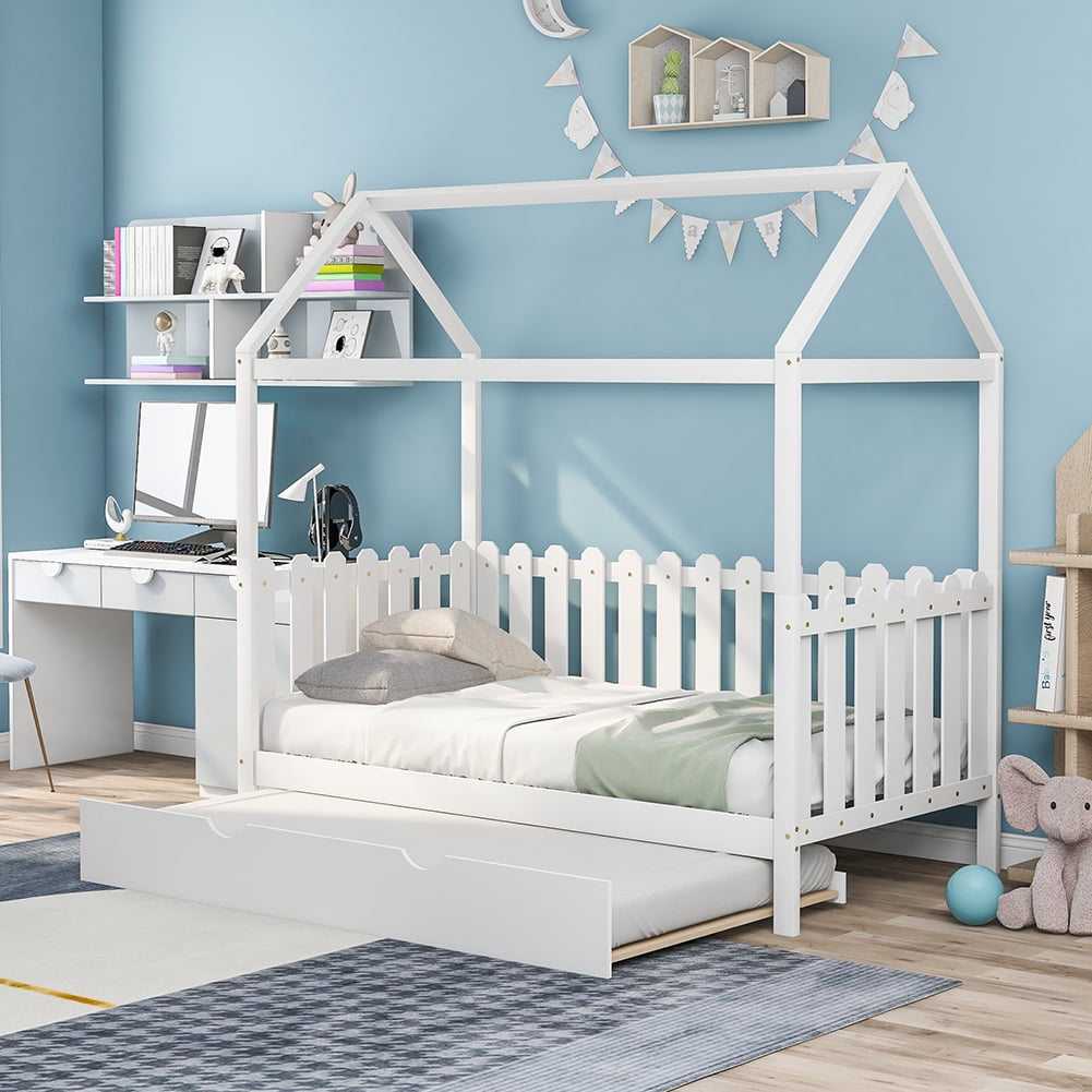 Lowestbest Twin Size House Bed with Trundle and Guardrail for Kids in White Lowestbest Twin Size House Bed with Trundle and Guardrail for Kids in White