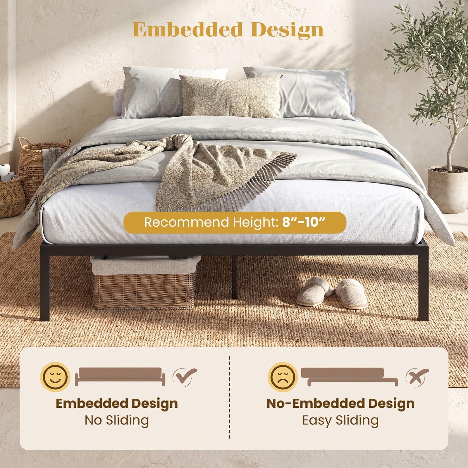 Furnibear Queen Size Metal Bed Frame with Heavy Duty Slat Support and Extra Center Legs, Platform Bed Frame No Box Spring, Black