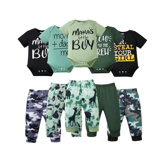 KIMI BEAR Newborn Baby Boys Layette Set 5 Packs 0-3 Months Shower Gift Sets Romper Top Pants Set Short Sleeves Tops Letter Print Camouflage Outfits Clothing Summer 10pcs Essential Clothes Multicolor