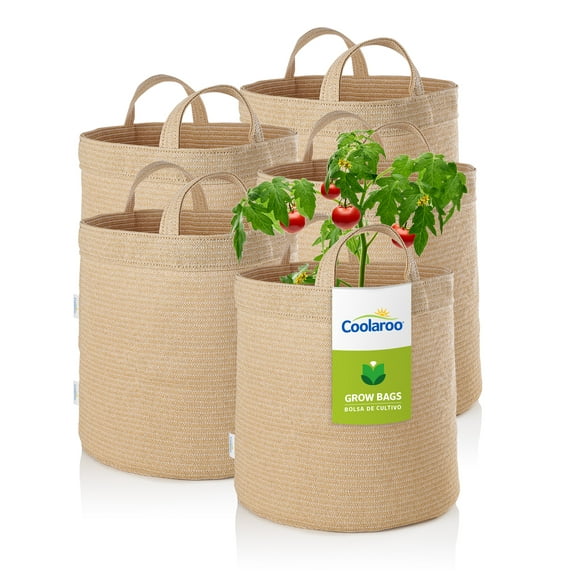 Coolaroo 10 Gallon Round Fabric Grow Bag with Drainage Holes, UV Resistant and Durable Handles - 5 Pack, Desert Sand
