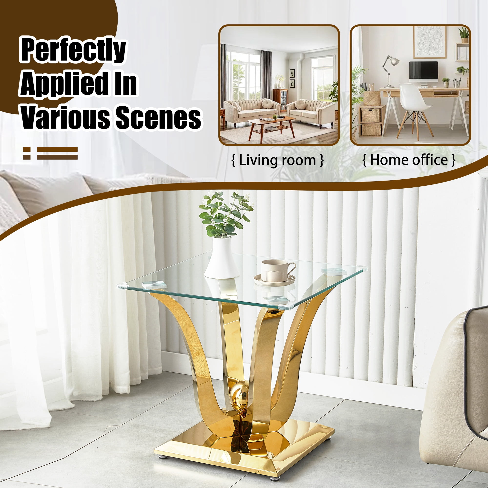 23.62" Square Glass End Table with Tempered Glass Top and Modern U-Shaped Stainless Steel Base, Perfect for Living Room and Bedroom