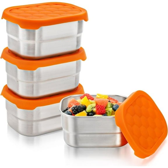 4 Pack Stainless Steel Containers, 8 oz Snack Storage Containers with Silicon Lids, Leakproof Lunch Box
