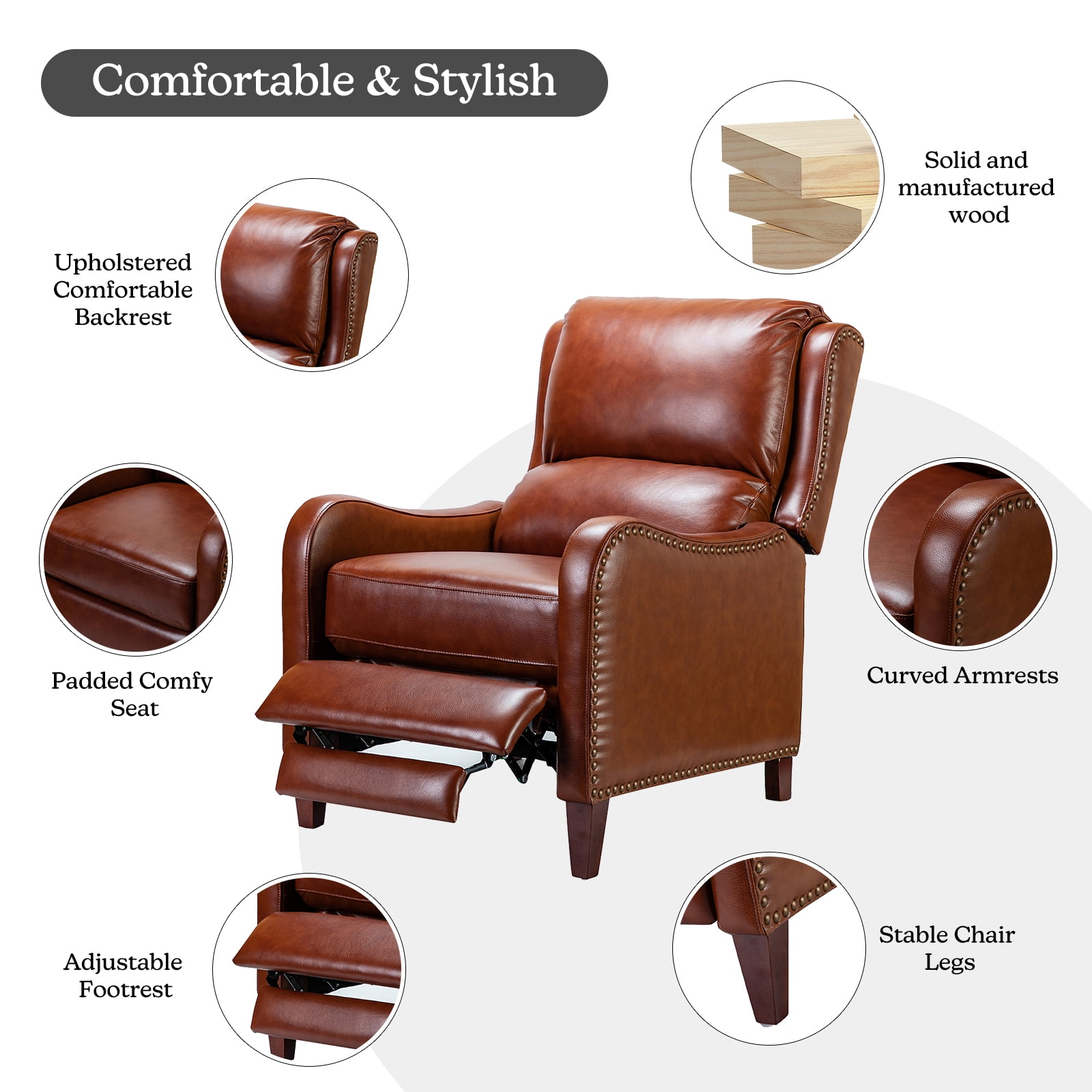 Genuine Leather Recliner Chair Push Back Upholstered Armchair Wingback Lounge Sofa Wood Leg Home Decor Living Room Bedroom Brown