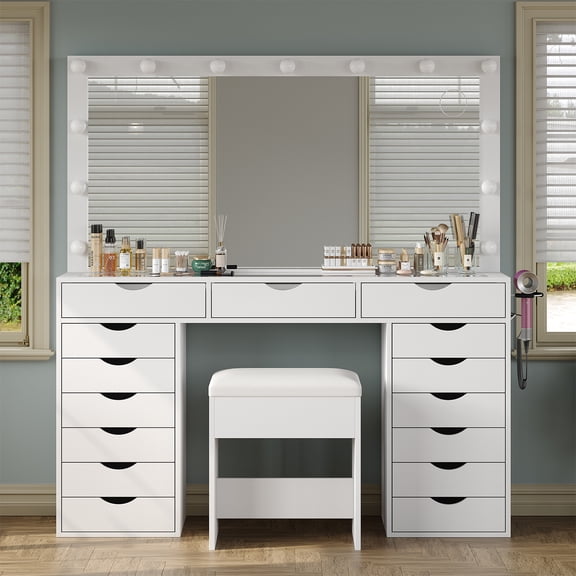 Yanosaku Vanity Desk with USB Outlet, Mirror & 13 LED Lights, Adjustable Brightness, Glass Top Dressing Table