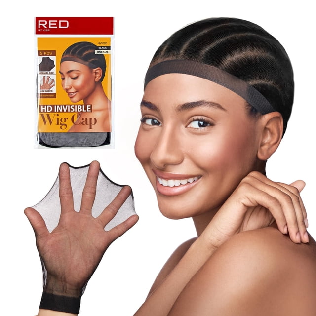 RED by Kiss 5 gorros de peluca invisibles HD para mujeres y hombres, medias finas ultraelásticas, nailon transparente y transpirable, cómodo para peluca frontal de encaje, talla única (NEGRO)