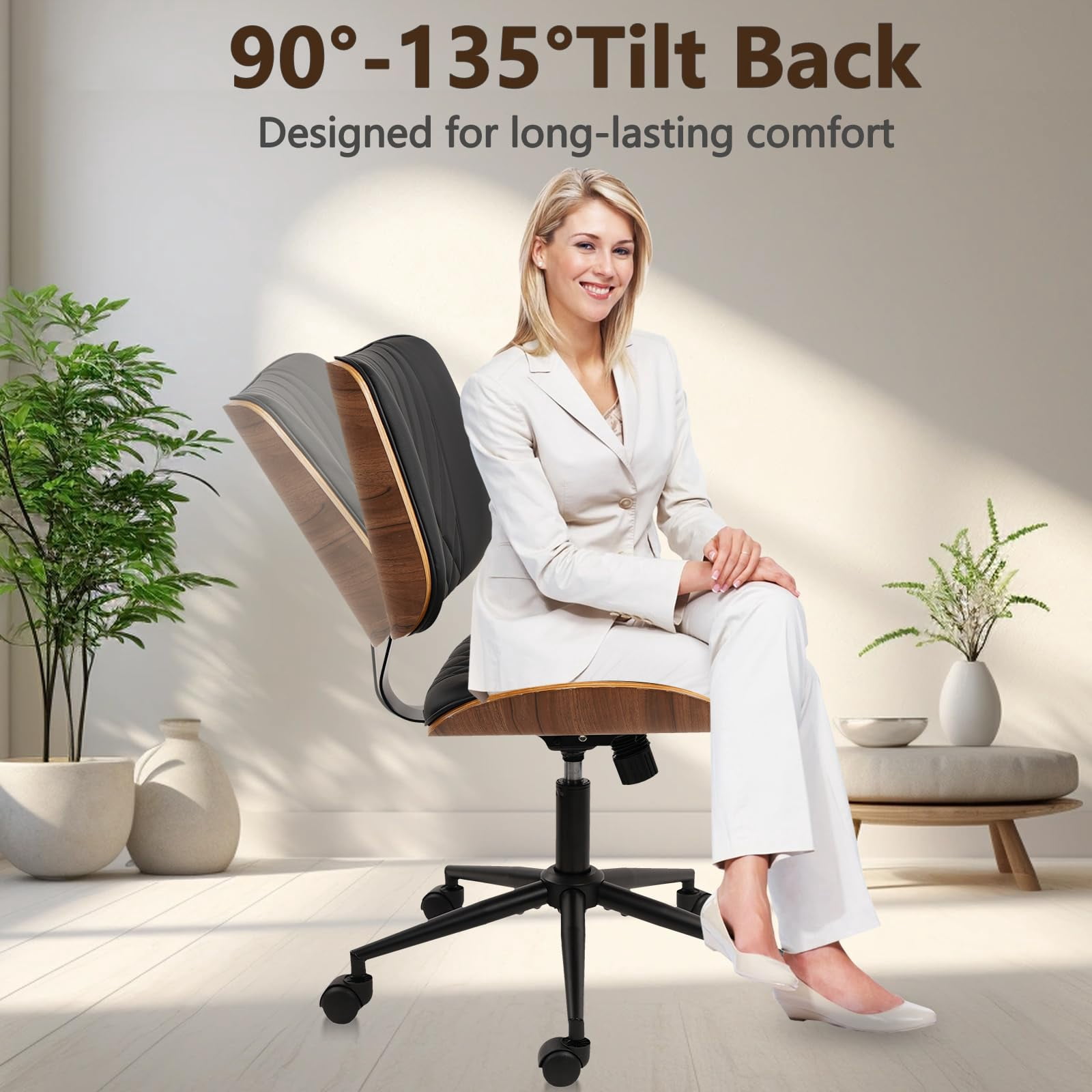 CLATINA Armless Home Office Chair, Desk Chair with Wheels, Adjustable Height Reading Chair, Leather Mid Back & Swivel Computer Chair, Modern Walnut Chairs with Back for Studio Meeting Room(Black)