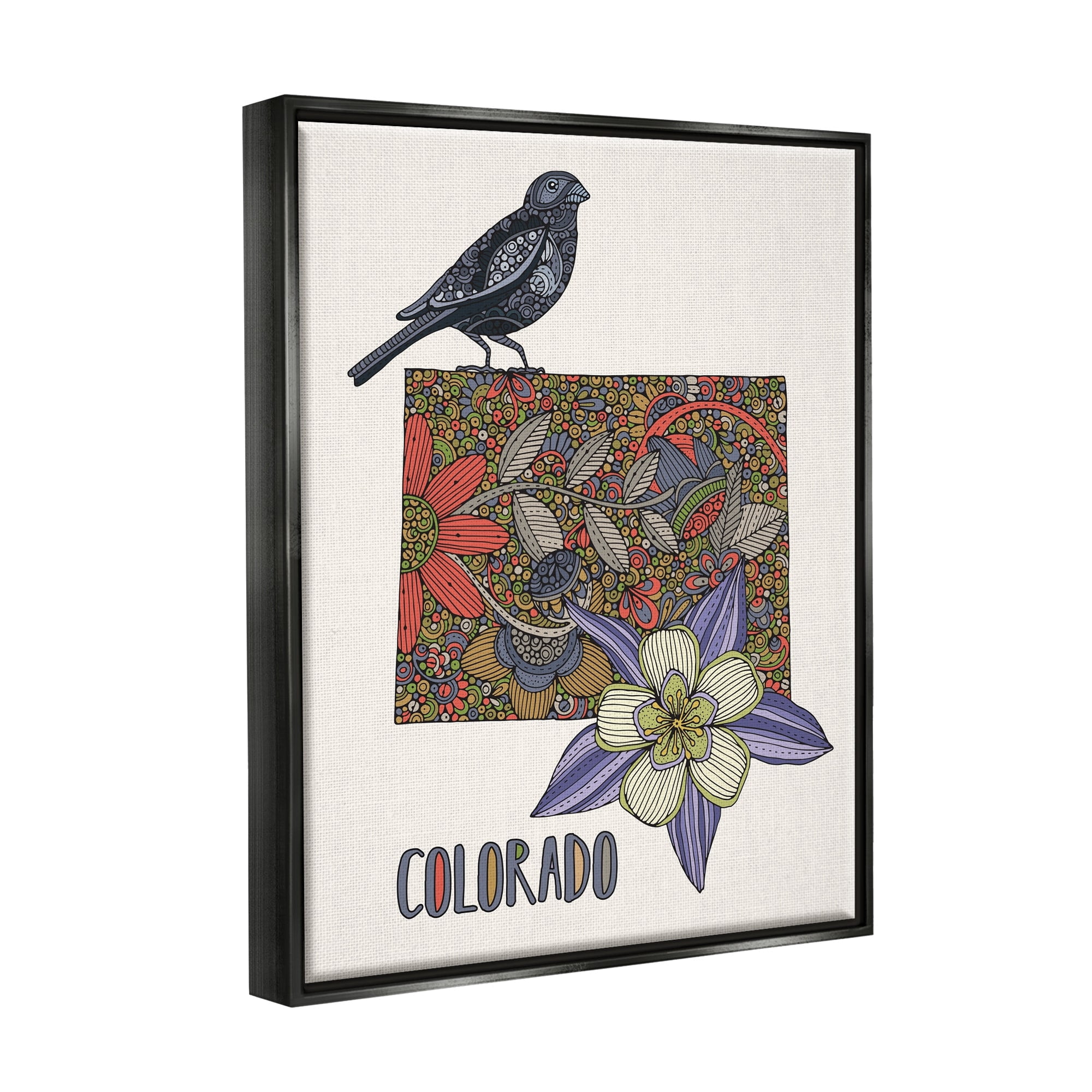 Stupell Industries Colorado State Flower & Bird Detailed Flower Pattern Graphic Art Jet Black Floating Framed Canvas Print Wall Art, Design by Valentina Harper