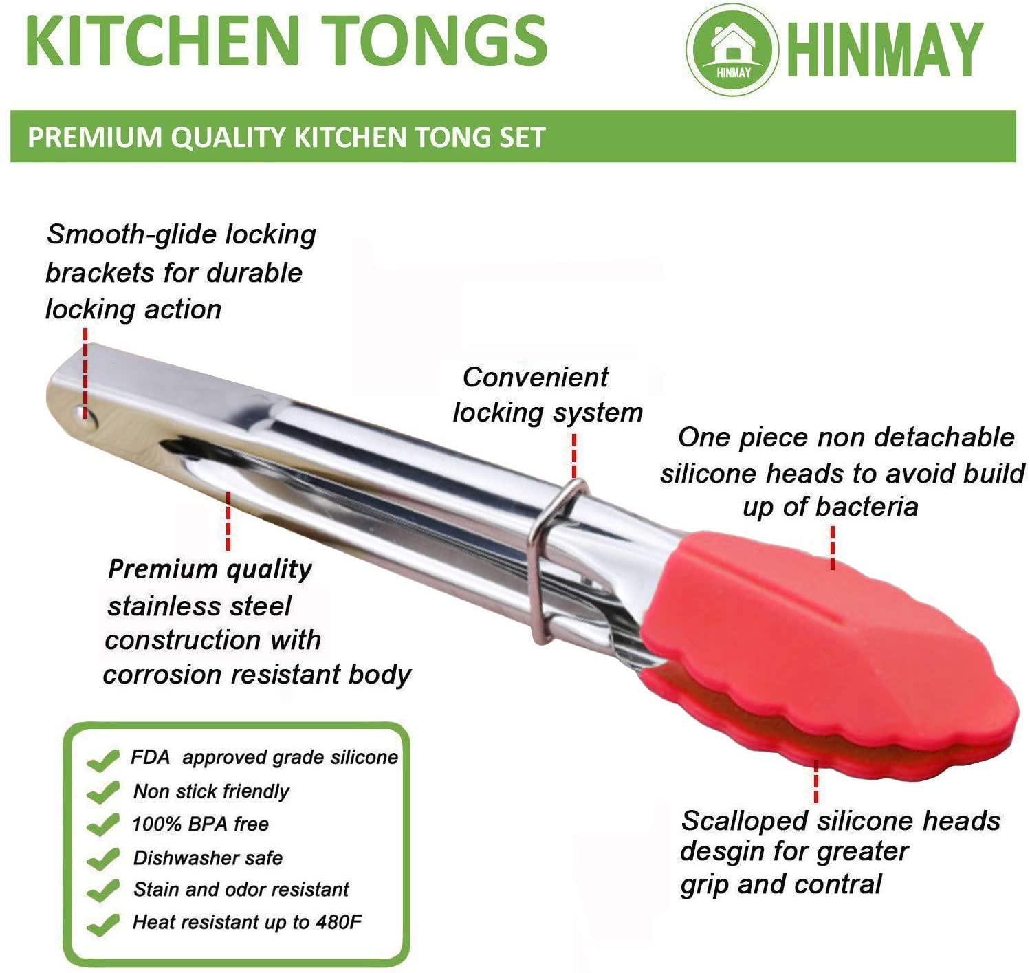 Green HINMAY 9-Inch Silicone Tongs 