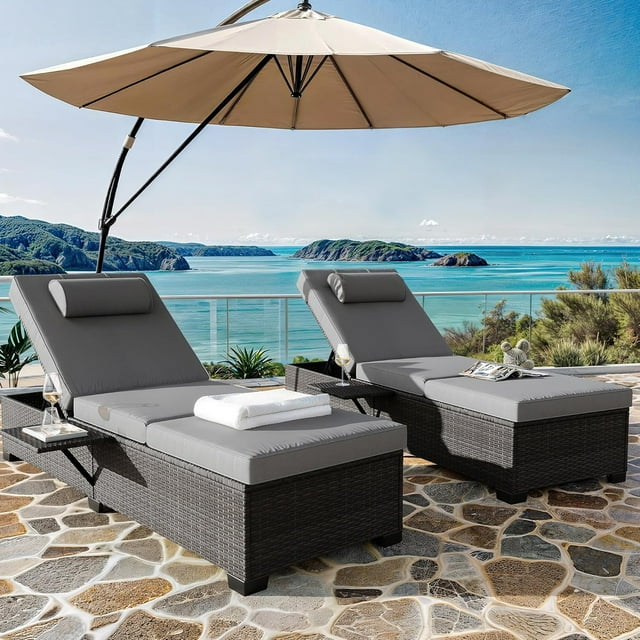 Patio Furniture Outdoor PE Wicker Chaise Lounge Set of 2, Patio Rattan Wicker Chaise Lounge Chair, Brown Pool Lounge Chairs Adjustable Backrest Recliners with Grey Cushion