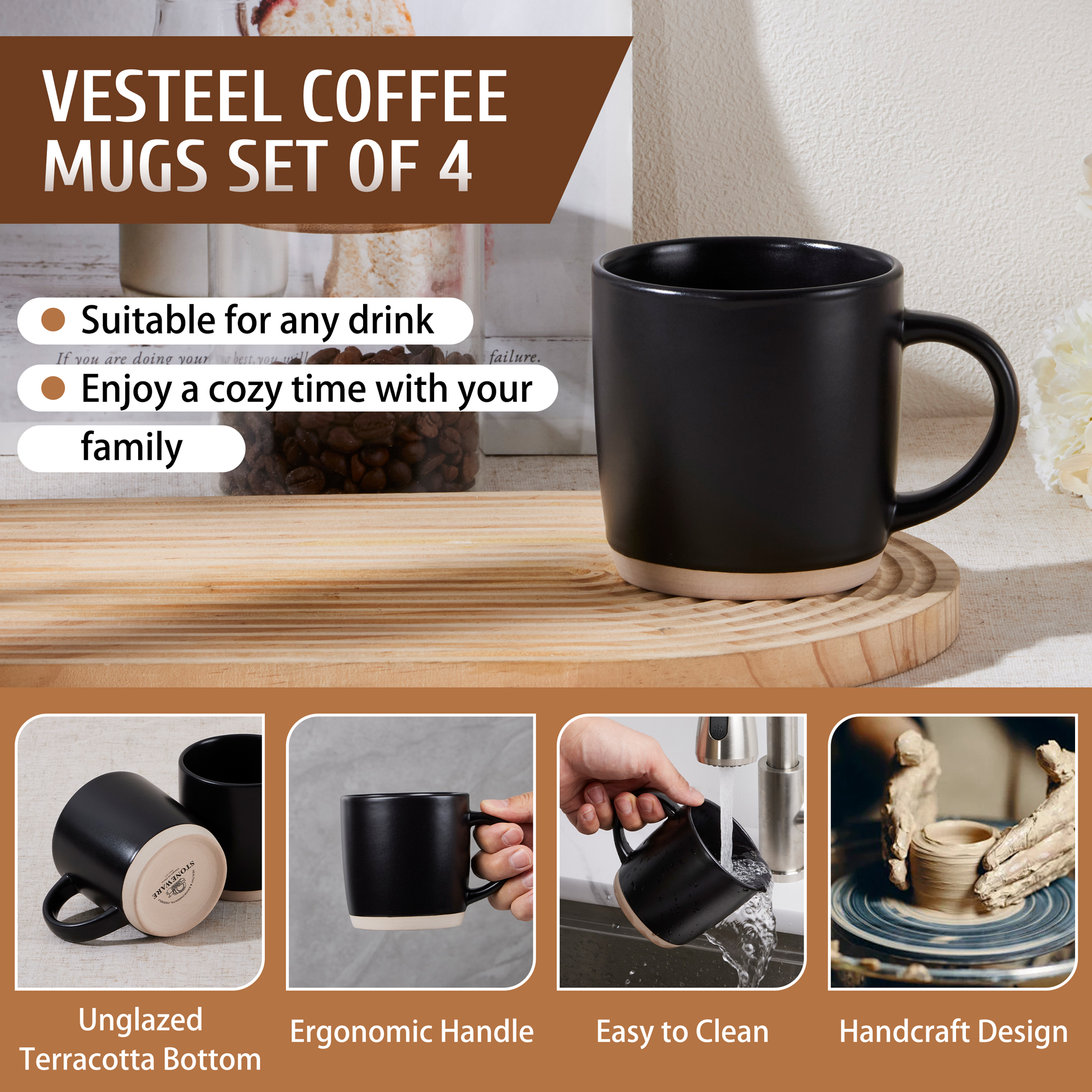 Vesteel 12oz Stoneware Coffee Mugs, Set of 4, Matte Black photo 8