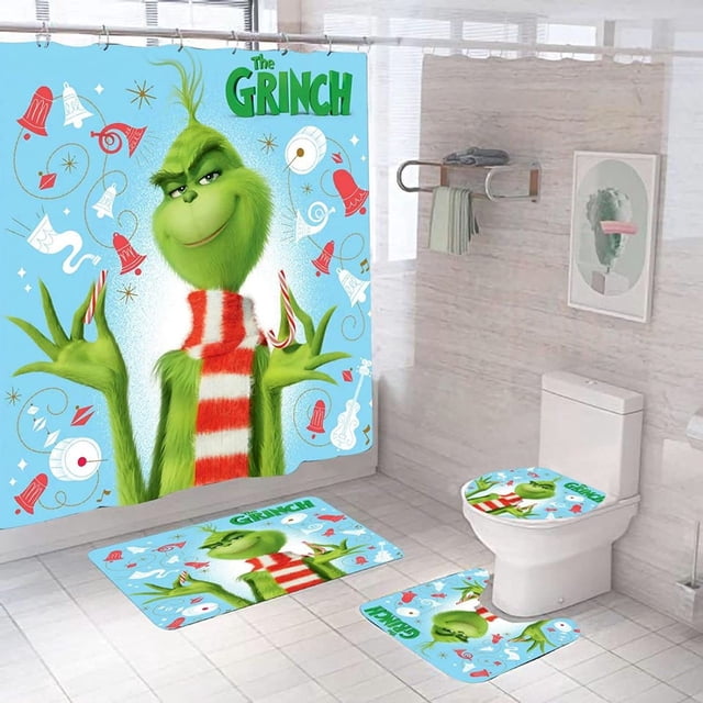 Stole - Juego de 4 cortinas de ducha navideñas de 71.7 x 71.7 in con alfombrilla antideslizante, tapa de inodoro y alfombrilla de baño, decoración de baño navideña, invierno y vacaciones