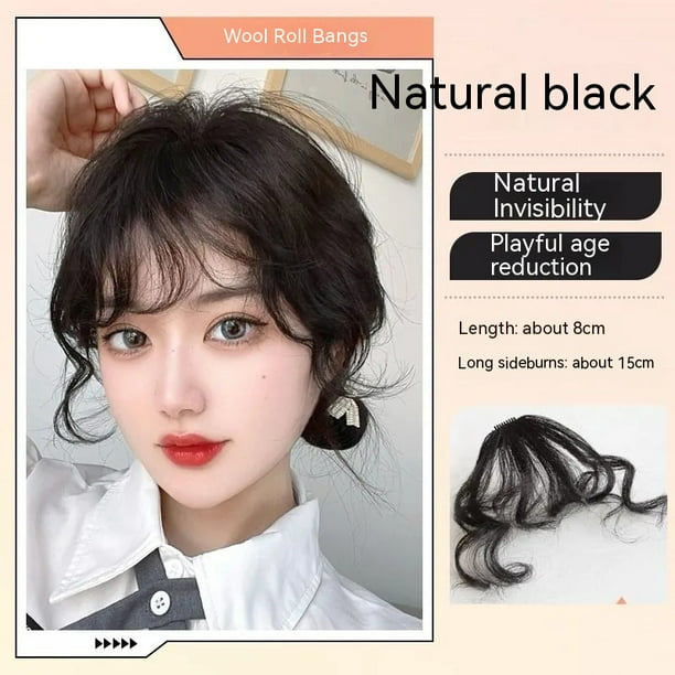 Extensiones de cabello humano con flequillo con Clip, medio con flecos y una bonita red, patillas naturales, planas y ordenadas para mujer, postizo de una pieza(Negro natural)(1 pieza)