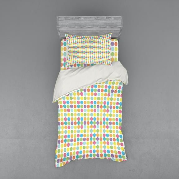 Colorful Duvet Cover Set, Vibrant Illustration of Hand Drawn Scribble Polka Dots Rainbow Style Pattern, Bedding Set with Shams and Fitted Sheet, 3 Sizes, by Ambesonne