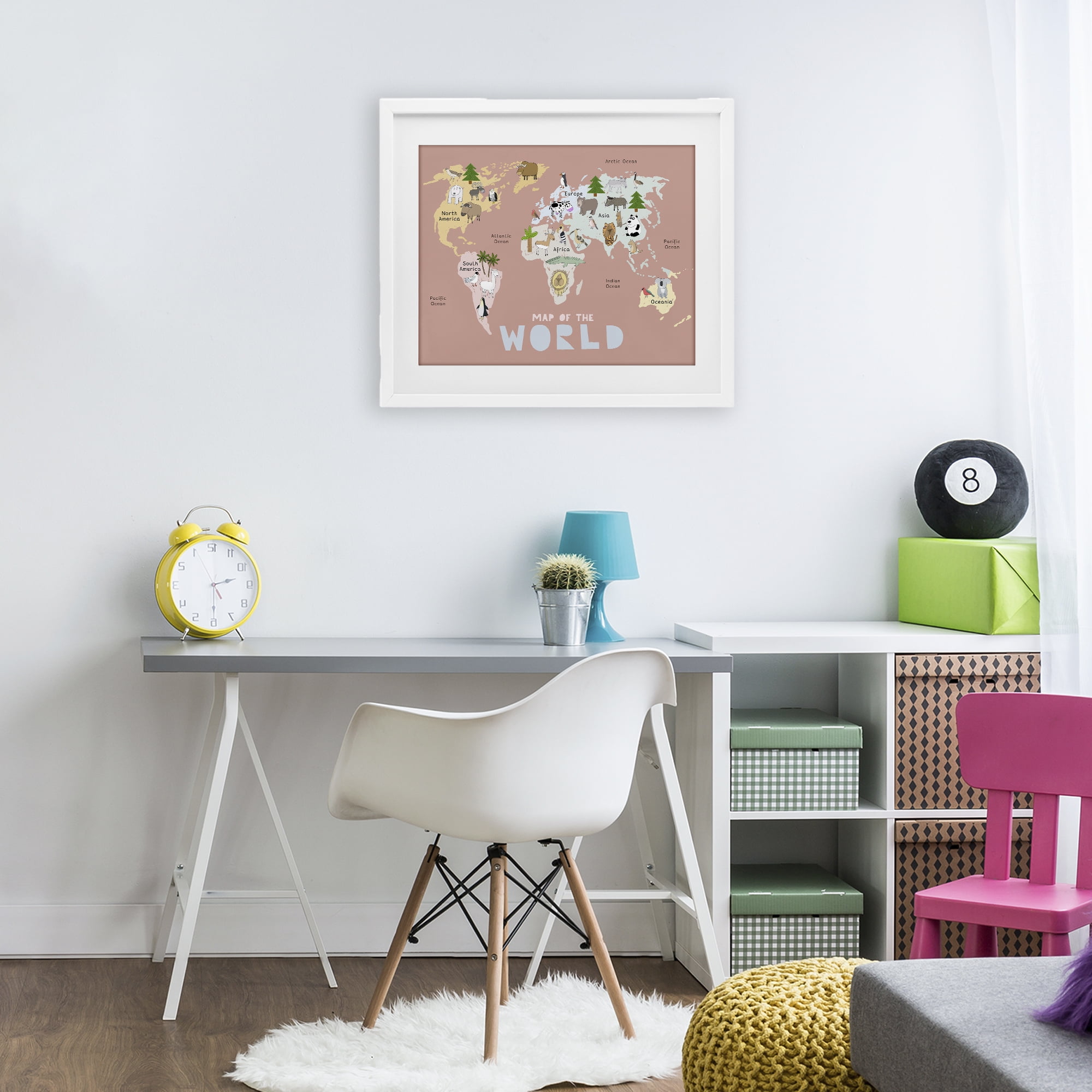 Kid's Map Of World Pink White Framed Print Under Glass, design by Carla Daly
