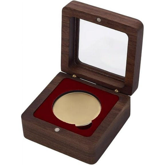 Wood Medal Storage Magnetic Boxes Visible Window Commemorative Coin Display Case with Dark Red Velvet Inside Square 6.8x6.8x3.55cm