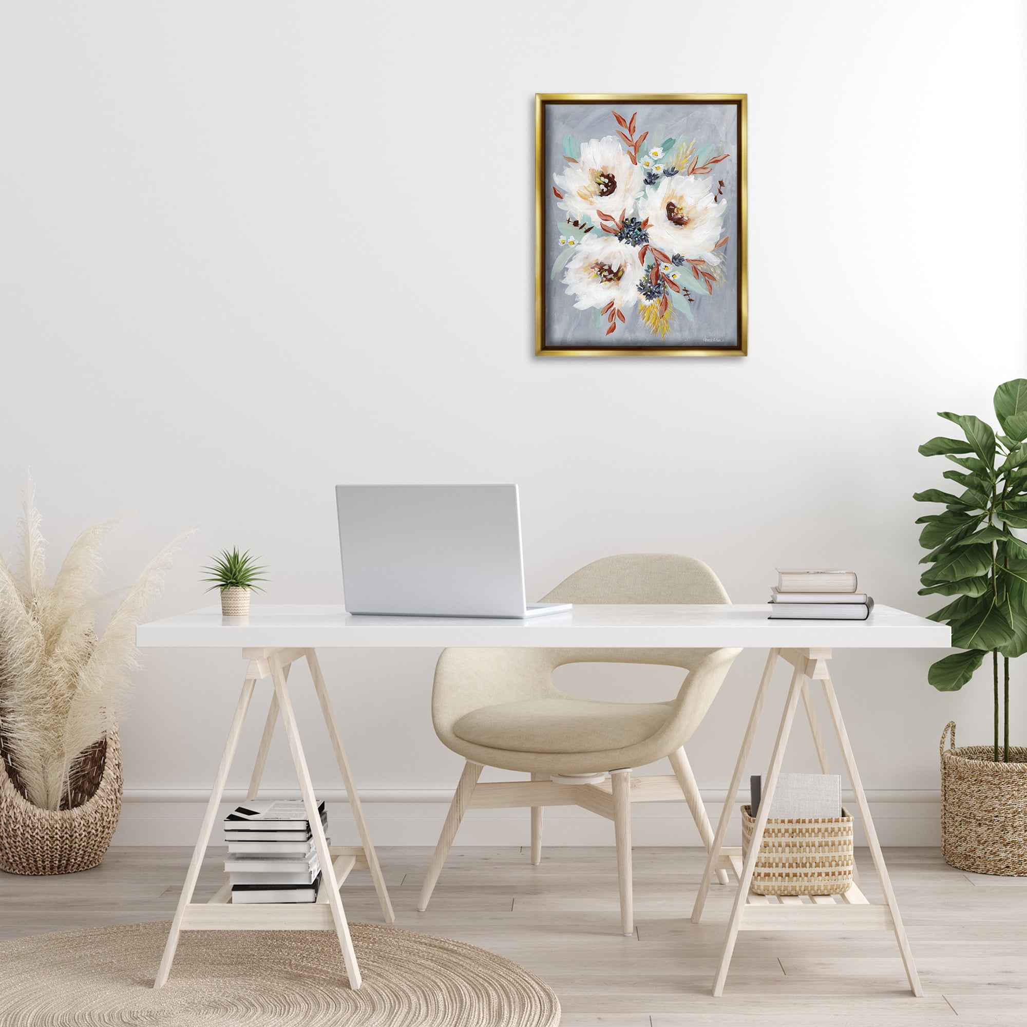 Stupell Industries White Flowers Trio Botanical & Floral Painting Gold Floater Framed Art Print Wall Art, 17 x 21