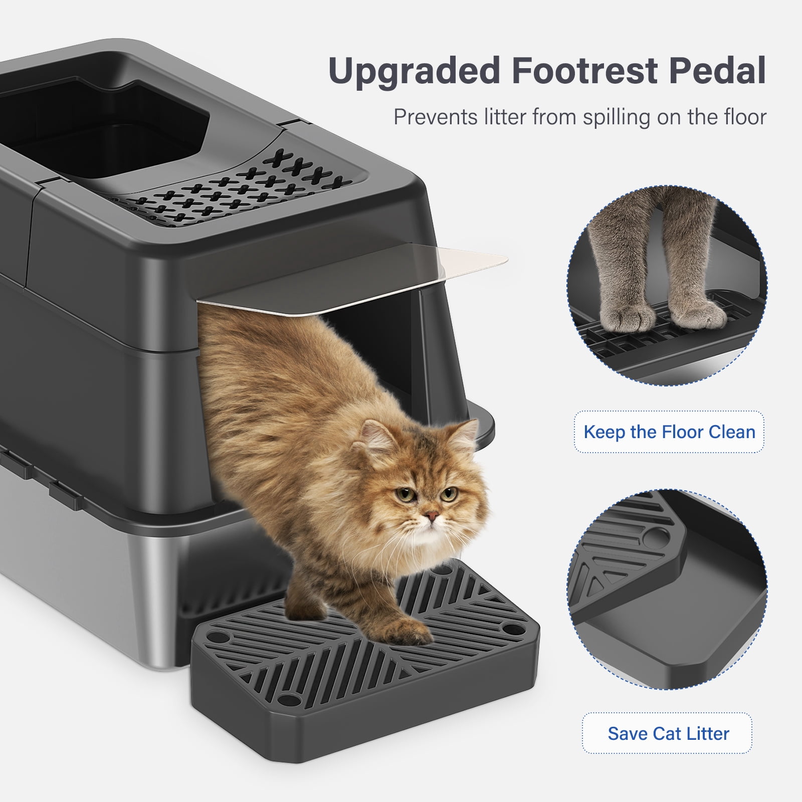 Aphyxen XL Enclosed Stainless Steel Cat Litter Box, 110° Flip Lid, Top Entry Metal High Sided with Pedal & Scoop, Anti-Leakage (Black)