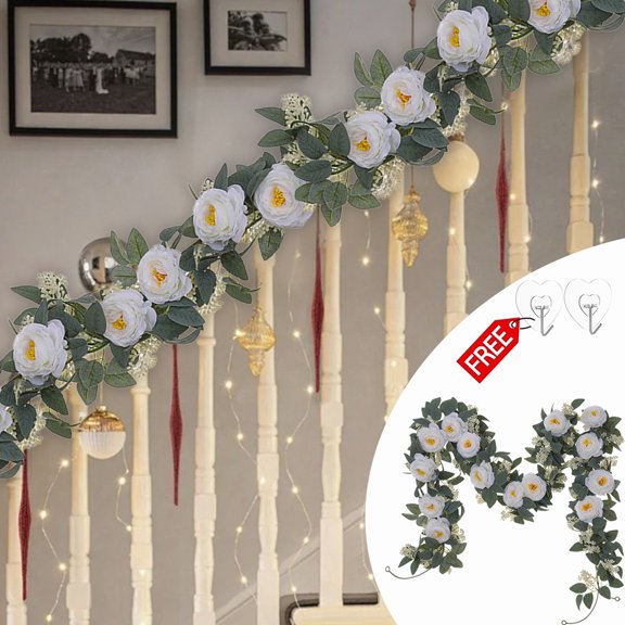 KOYPTL Artificial Flower Garland Christmas Decorations 6FT Realistic Greenery Vines Garlands with Roses,Fake Eucalyptus Garland for Wedding Party Centerpiece Table Wall Indoor Outdoor Home Decor