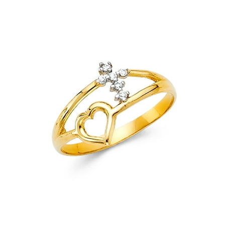 Cross Solid 14k Gold Ring - 14K Solid Gold Cross Heart Cubic Zirconia Fancy Ring, Size 9
