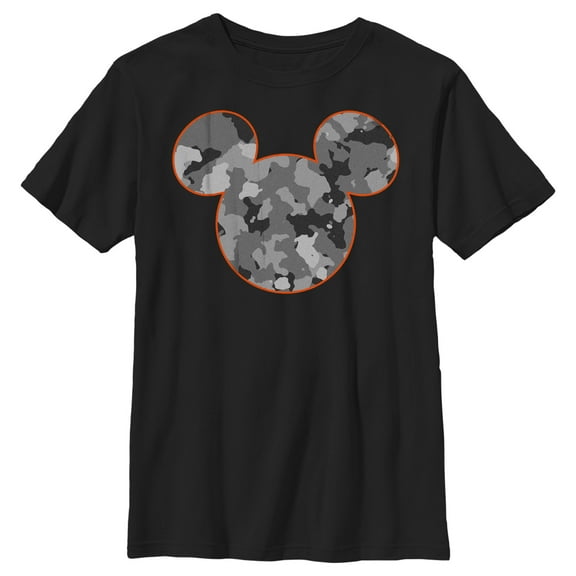 Boy's Mickey & Friends Gray Camo Mickey Mouse Logo Graphic Tee Black Medium