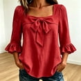 thumbnail image 2 of ZVAVZ Womens Bow Tie Square Neck Blouses Ruffle 3/4 Sleeve T-shirts Cotton Fashion Going Out Dressy Tee Shirts Red S, 2 of 6