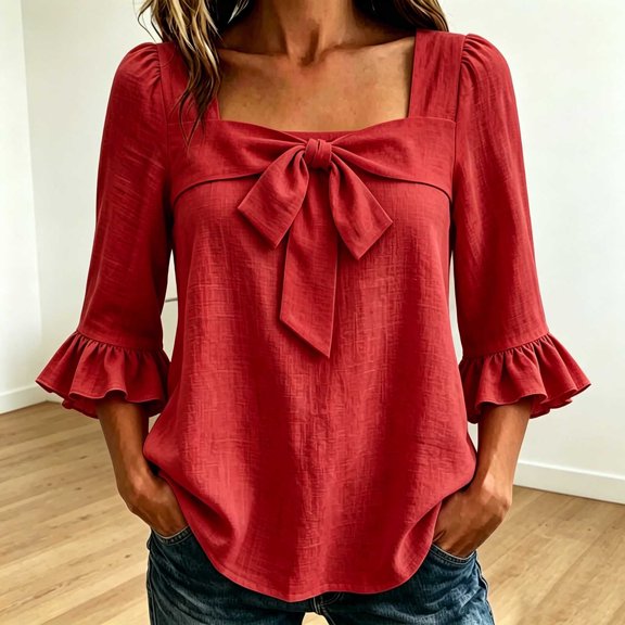 Mifsaly Womens Square Neck Blouses Front Bow 3/4 Ruffle Bell Sleeve Tops Lightweight Textured Loose Fit Dressy Casual Work Linen Blouse Red,M