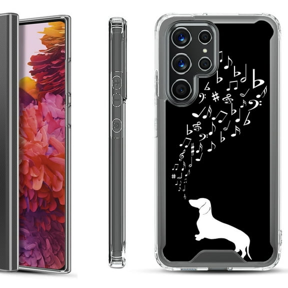 Shockproof Bumper Phone Case for Samsung Galaxy S22 Ultra 5G, by OneToughShield ® - Dachshund/Puppy Music