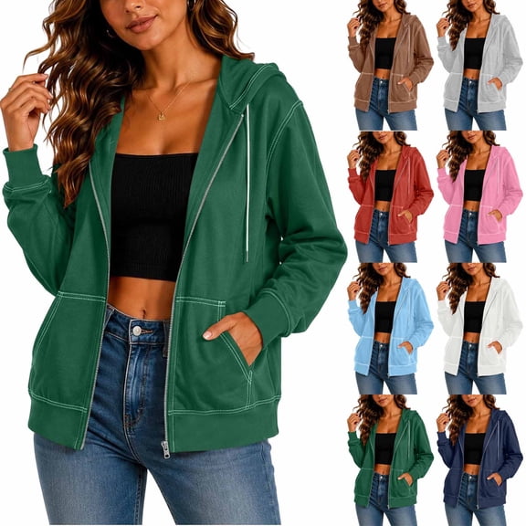 LLYWEY Womens Lightweight Zipper Sweatshirts with Hood Drawstring Full Zip up Fleece Hoodie Fall Casual Loose Solid Color Long Sleeve Hooded Jackets Pockets Green-a M