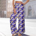 thumbnail image 3 of Women’s Summer Loose Wide Leg Floral Print Pants Elastic Waist Drawstring Trousers with Pockets for Casual Daily Wear Purple 2XL, 3 of 7