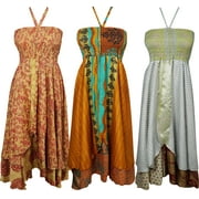 Mogul Womens Halter Dress Recycled Silk Sari Vintage Two Layer Printed Boho Chic Sundress Wholesale Lot Of 3 Pcs
