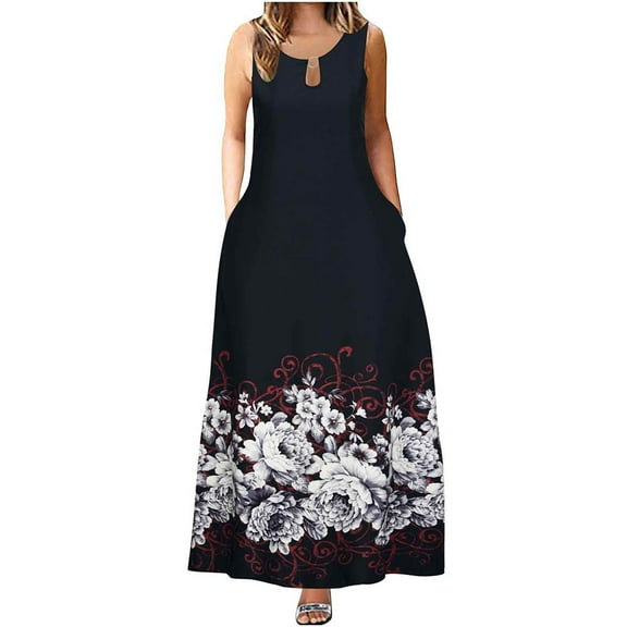 Abcnature Womens Maxi Dress, Women Comfortable Sleeveless Round Neck Retro Swing Dress, Plus Size Summer Casual Long Dresses, Wedding Guest Dresses Beach Party Dress Black L