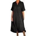 thumbnail image 1 of Besolor Robes Grande Taille pour Femmes Col en V à Revers Manches Longues Robe en Coton et Lin Ample Fluide Ourlet Arrondi Robe Midi, 1 of 6