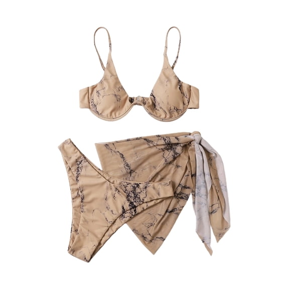 Women Two Piece Bikini Set with Underwire Top and High Waist Wrap Skirt Swimsuit for Beach Pool Vacation Brown L