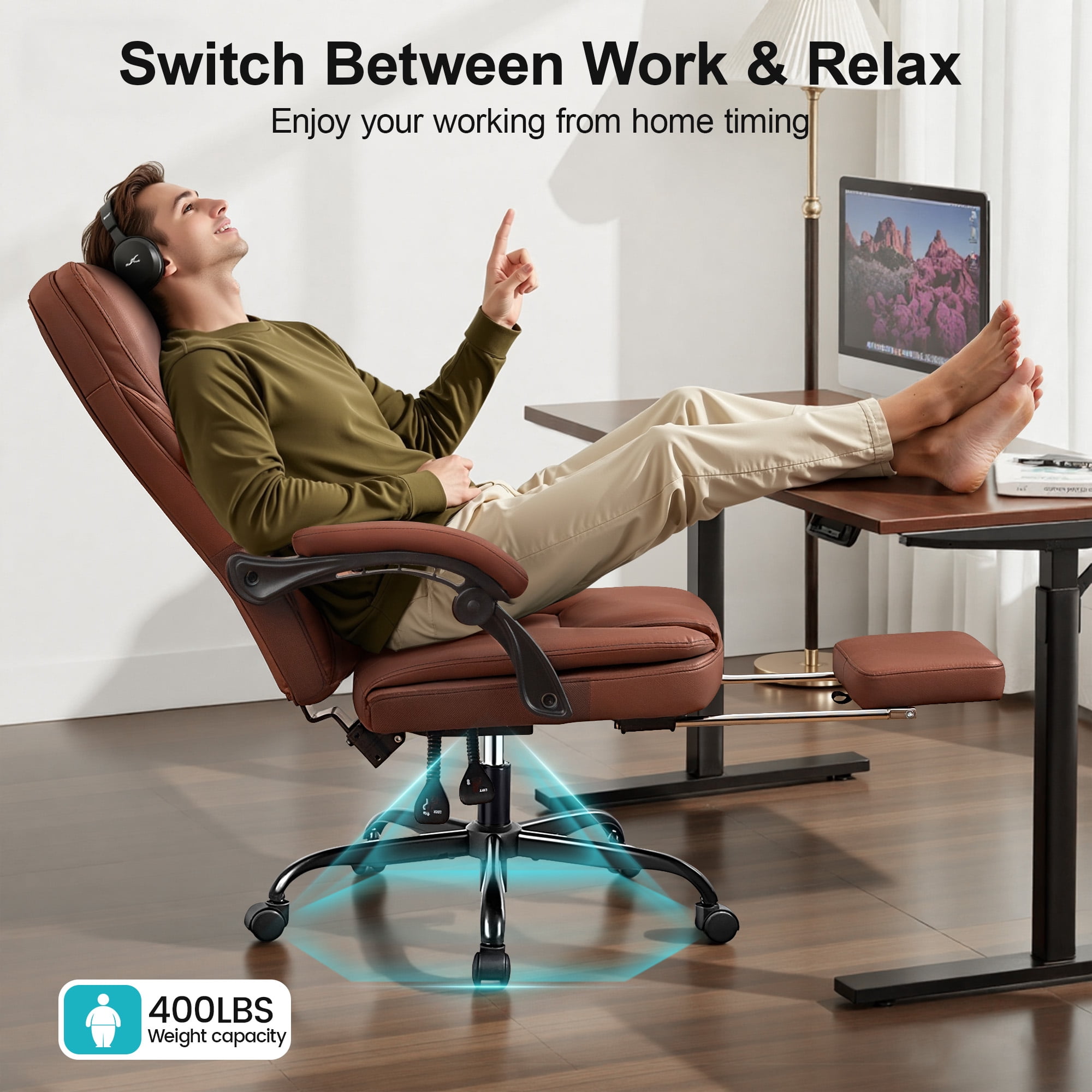 COOLHUT Executive Office Chair, Big and Tall Office Chair with Footrest Reclining Faux Leather Chair High Back Lumbar Support Ergonomic Office Chair with Padded Armrests, Brown