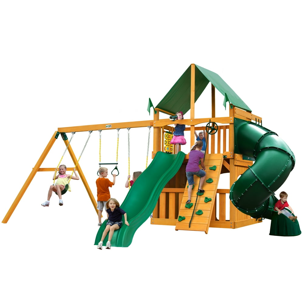 Gorilla Playsets Mountaineer Clubhouse Wooden Swing Set with Green