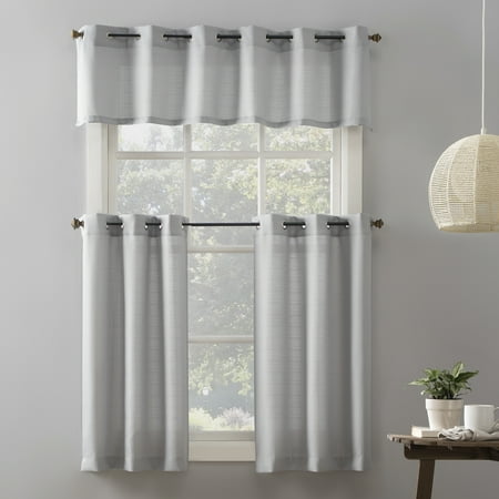 mainstays solid semi sheer curtain tier pair and valance set 3 piece ready made kitchen curtains silver 54 w x 36 l