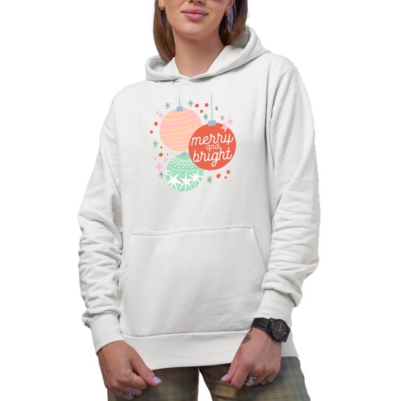 Merry and Bright with Hand Drawn Christmas Balls Art Merch Gift, White Hooded Sweatshirt or Hoodie, Small