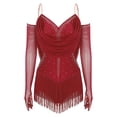 thumbnail image 5 of YUUMIN Women Latin Dance Dress Ballroom Cutout Fringed Bodysuit Salsa Cha-Cha Samba Rumba Dancewear Red XXL, 5 of 6