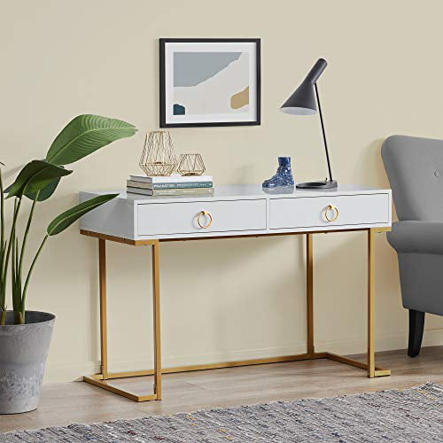 Matt Black and Gold Metal Frame BELLEZE Modern Makeup Vanity Dressing Table or Home Office Computer Laptop Writing Desk with Two Storage Drawers Chelsea Wood Top