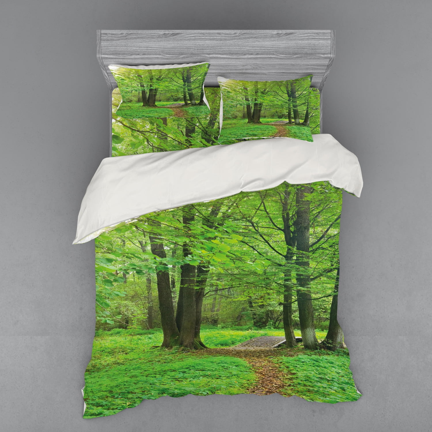Nature Duvet Cover Set, Summer Season Forest with Flourishing Trees