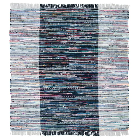 SAFAVIEH Rag Romeo Striped Fringe Cotton Area Rug, Grey/Black, 6' x 6' Square