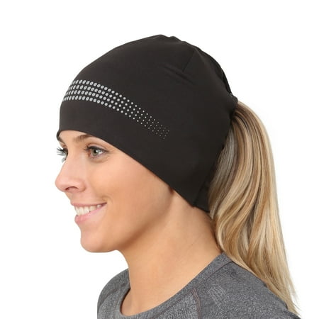 TrailHeads Ponytail Hat - Adrenaline Series | Women’s Running Beanie with Reflective Accents | Black Skull Cap - black / reflective